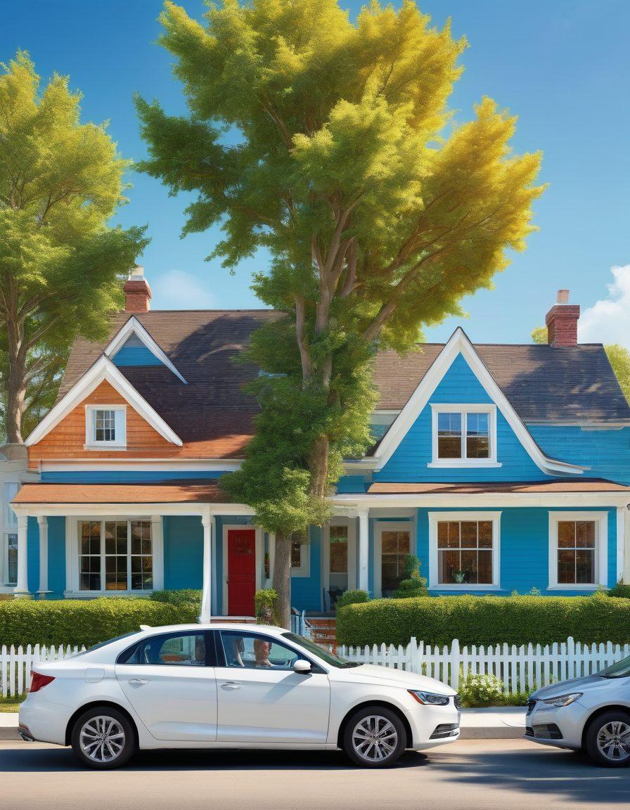 A split landscape showcasing three distinct sections: a family happily driving a car under a clear blue sky, a cozy home with a white picket fence surrounded by lush greenery, and a serene family moment representing life insurance in a warm setting. Each section is vibrantly colored, seamlessly blending together yet distinct. Emphasize trust and security in the imagery. super-realistic. vibrant colors. warm tones.