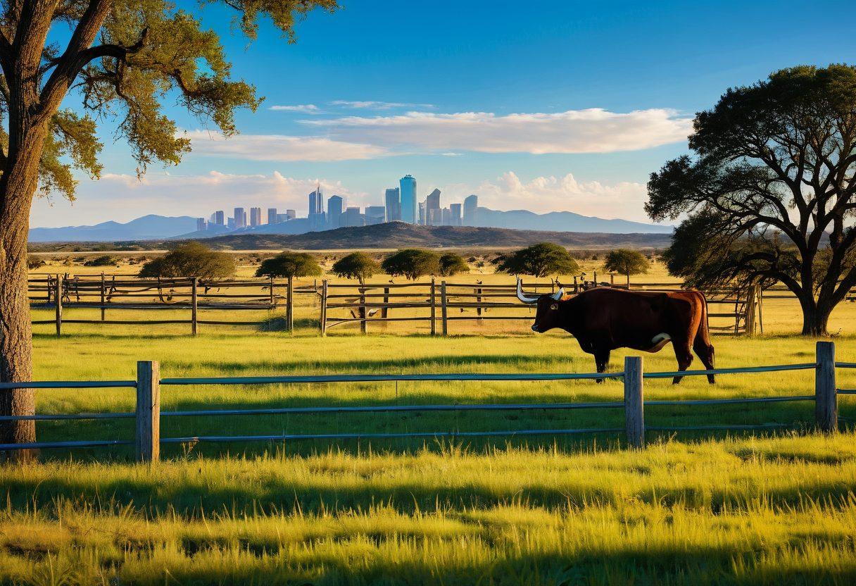 A Texas landscape featuring a diverse group of people happily discussing insurance options under a blue sky, with iconic Texan elements like a longhorn steer and a cowboy hat in the background. Include visual representations of affordable insurance policies like charts or symbols, demonstrating trust and security. The scene should resonate with warmth and community spirit. vibrant colors. super-realistic.