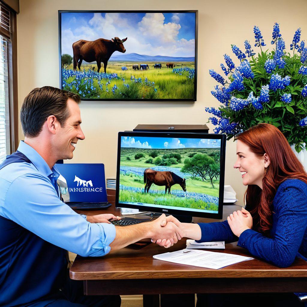A split image showing two scenes: on one side, a friendly local insurance agent shaking hands with a customer in a cozy Texan office decorated with Lone Star motifs, and on the other side, a digital screen displaying competitive insurance rates with graphs and charts. The background features iconic Texas landscapes, such as rolling hills and bluebonnets. Both scenes are blended seamlessly with warm, inviting colors and a sense of community. vibrant colors. super-realistic.
